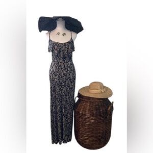 Cute black & white paisley maxi dress size XS/S spaghetti straps ruffles EUC